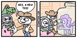 Size: 1000x500 | Tagged: safe, artist:stonetoss, derpibooru import, pinkie pie, earth pony, pony, buzz lightyear, comic, female, jar, lewd container meme, male, mare, stonetoss, this will end in tears, toy, toy story, woody