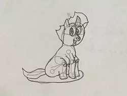 Size: 750x566 | Tagged: artist:whistle blossom, colt, colt sombra, curved horn, cute, derpibooru import, foal, grin, horn, king sombra, lineart, looking at you, male, monochrome, safe, simple background, sitting, sketch, smiling, smiling at you, solo, sombradorable, traditional art, white background, younger