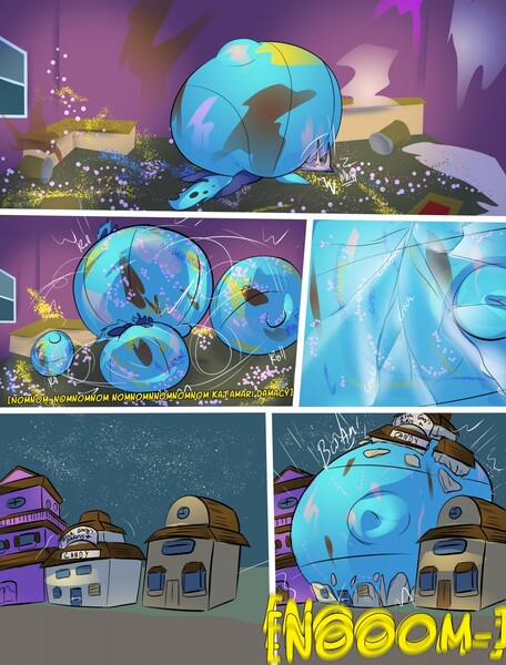 Size: 972x1280 | Tagged: anthro, artist:thebigbadwolf01, bakery, belly, belly button, belly expansion, big belly, blue changeling, broken glass, building, changeling, changeling oc, changeling overfeeding, chubby, chunkling, comic, comic:break'n bakery, commission, derpibooru import, destruction, digital art, eating, fat, fattening, female, growth, huge belly, impossibly large belly, katamari damacy, macro, messy, messy eating, night, oc, oc:sektiss, onomatopoeia, rolling, rolling around, solo, solo female, sound effects, stars, suggestive, this will end in death, this will end in diabetes, this will end in explosions, unofficial characters only, window