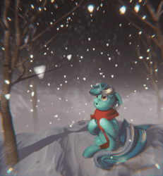 Size: 600x648 | Tagged: safe, artist:gelei, artist:mirroredsea, derpibooru import, lyra heartstrings, pony, unicorn, 3d, animated, clothes, female, forest, gif, mare, night, scarf, sitting, snow, snowfall, solo, tree, turnable, turntable, winter