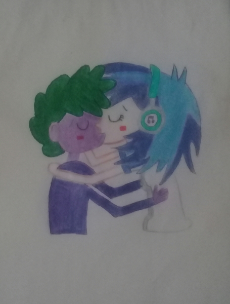 Size: 2069x2728 | Tagged: safe, derpibooru import, spike, vinyl scratch, human, pony, equestria girls, female, hug, human spike, humanized, kissing, male, shipping, spike kisses all equestria girls, spikelove, straight, traditional art, vinylspike