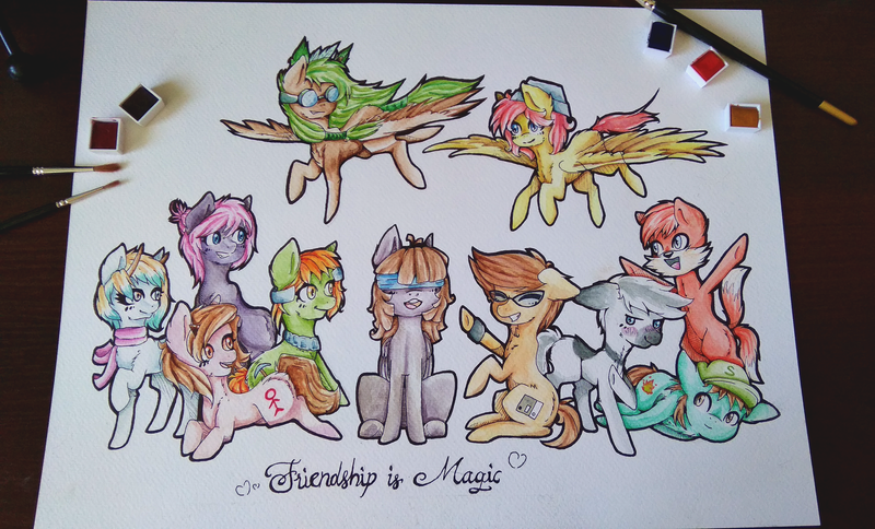 Size: 3148x1905 | Tagged: safe, artist:inlaru, derpibooru import, oc, oc:flash frame, oc:herpya, oc:inlaru, oc:lemur, oc:necropsa, oc:pixel pen, oc:sammy, oc:shanti white, oc:snoopy stallion, oc:sweety bat, oc:two-tailed derpy, oc:zizka, oc:zizka-von-mikser, unofficial characters only, earth pony, pegasus, pony, unicorn, earth pony oc, group, happy, horn, oc group, pegasus oc, traditional art, unicorn oc, watercolor painting, wings