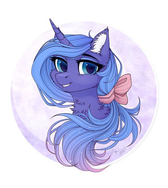 Size: 1205x1350 | Tagged: safe, artist:vird-gi, derpibooru import, princess luna, alicorn, pony, bow, cheek fluff, ear fluff, female, hair bow, mare, neck fluff, s1 luna, solo