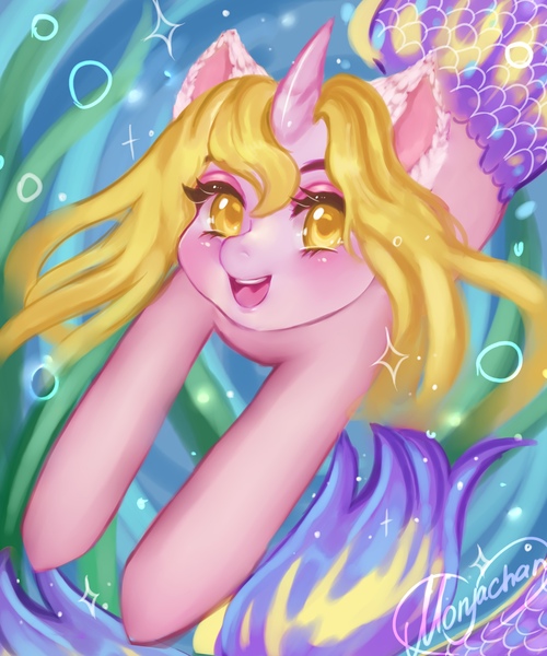 Size: 1800x2160 | Tagged: safe, artist:monyachan, derpibooru import, mermaid, pony, unicorn, bubble, cute, mermaid tail, mermay, sparkles, swimming, underwater