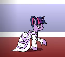 Size: 1600x1410 | Tagged: safe, artist:platinumdrop, derpibooru import, twilight sparkle, unicorn, clothes, dress, dress up, formal, gown, long sleeves, ribbon, solo, unicorn twilight