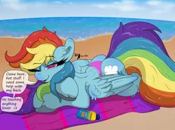 Size: 4959x3661 | Tagged: suggestive, artist:lunarcipher1, derpibooru import, rainbow dash, pegasus, pony, ass, beach, beach babe, bikini, bikini bottom, butt, caption, clothes, dialogue, excessive pubic hair, female, laying on stomach, long hair, long tail, ocean, one eye closed, plot, pubic hair, sexy, solo, solo female, speech bubble, stupid sexy rainbow dash, swimsuit, towel, wingding eyes, wings, winking at you