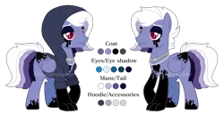 Size: 3736x1913 | Tagged: safe, artist:midnightamber, derpibooru import, oc, oc:inky depths, unofficial characters only, pegasus, pony, chain necklace, clothes, eyeshadow, hoodie, ink, makeup, multicolored hair, muticolored tail, reference sheet, simple background, solo, transparent background