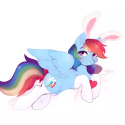 Size: 2000x2000 | Tagged: safe, artist:okity, derpibooru import, rainbow dash, pegasus, pony, bunny ears, cheek fluff, chest fluff, clothes, cute, dashabetes, female, mare, prone, socks, solo, spread wings, wings