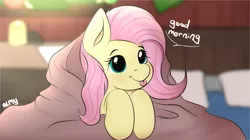 Size: 10326x5775 | Tagged: safe, artist:almond evergrow, derpibooru import, fluttershy, pegasus, pony, :p, absurd resolution, blanket, blankie, blepping, blushing, bust, cute, dialogue, female, good morning, indoors, mlem, room, shyabetes, silly, smiling, solo, tongue out, weapons-grade cute