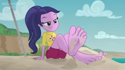 Size: 8000x4500 | Tagged: suggestive, artist:metalhead97, derpibooru import, baewatch, equestria girls, equestria girls series, 2020, 2020s, background human, barefoot, beach, beach ball, bedroom eyes, board shorts, clothes, cloud, commission, feet, female, fetish, foot fetish, forest, lidded eyes, looking down, perspective, plants, ponytail, sand, sexy, shorts, show accurate, sitting, smiling, smirk, soles, solo, tomboy, tree, umbrella, water