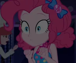 Size: 1306x1080 | Tagged: safe, derpibooru import, screencap, pinkie pie, equestria girls, equestria girls series, spring breakdown, bow, choker, clothes, cropped, cruise, cruise outfit, cruise ship, curly hair, cute, dark, dark background, diapinkes, female, geode of sugar bombs, hair bow, heart, jewelry, magical geodes, raised eyebrows, scheming, sleeveless, spring break, wide eyes, yacht
