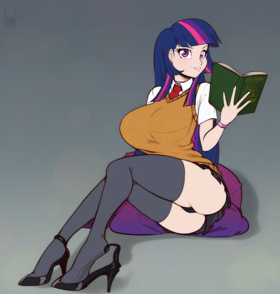 Size: 1712x1800 | Tagged: anime, artist:scorpdk, ass, big breasts, boobs and butt pose, book, bracelet, breasts, busty twilight sparkle, butt, cameltoe, clothes, derpibooru import, ear piercing, female, gradient background, high heels, huge breasts, human, humanized, jewelry, looking at you, miniskirt, necktie, panties, piercing, seductive pose, shoes, skirt, socks, solo, solo female, stockings, stupid sexy twilight, suggestive, sweater vest, thigh highs, twibutt, twilight sparkle, underwear, upskirt