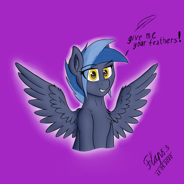 Size: 3000x3000 | Tagged: safe, artist:flapstune, derpibooru import, oc, oc:pixi feather, pegasus, pony, bust, colored pupils, dialogue, feather, female, human shoulders, mare, purple background, signature, simple background, smiling, solo, spread wings, wings, yellow eyes