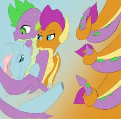 Size: 1280x1259 | Tagged: suggestive, artist:techgear, derpibooru import, ocellus, smolder, spike, changeling, dragon, comic:keep your cool, bedroom eyes, female, imminent sex, imminent threesome, intertwined tails, licking, lidded eyes, looking at you, male, shipping, spikellus, spolder, straight, sweat, tail, tail wrap, tongue out