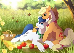 Size: 1600x1150 | Tagged: safe, artist:mr-tiaa, derpibooru import, applejack, oc, oc:constance everheart, butterfly, apple, bandana, basket, canon x oc, clothes, commission, everjack, female, food, forest, hug, male, picnic, picnic basket, scarf, scenery, shipping, straight