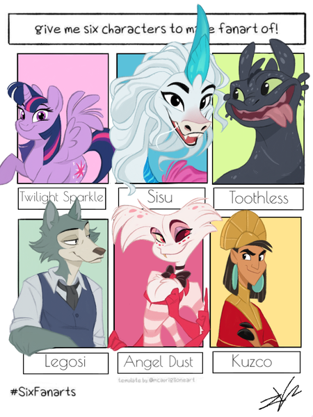 Size: 720x960 | Tagged: safe, artist:loudcatmakesnoises, derpibooru import, twilight sparkle, twilight sparkle (alicorn), alicorn, anthro, dragon, pony, unicorn, wolf, six fanarts, angel dust, anthro with ponies, beastars, clothes, crossover, curved horn, female, hazbin hotel, horn, how to train your dragon, kuzco, legosi (beastars), male, mare, necktie, open mouth, raya and the last dragon, sisu, smiling, the emperor's new groove, tongue out, toothless the dragon