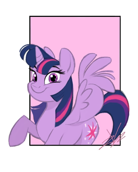 Size: 635x794 | Tagged: safe, artist:loudcatmakesnoises, derpibooru import, twilight sparkle, twilight sparkle (alicorn), alicorn, pony, female, mare, raised hoof, signature, simple background, smiling, solo, white background