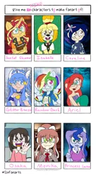 Size: 1280x2299 | Tagged: safe, artist:puresthope125, derpibooru import, princess luna, rainbow dash, sunset shimmer, anthro, dog, human, mermaid, unicorn, six fanarts, equestria girls, animal crossing, ariel, azumanga daioh, book, bust, clothes, coraline, crossover, doki doki literature club, female, freckles, geode of super speed, glitter breeze, glitter force, grin, heart hands, horn, isabelle, lipstick, magical geodes, monika, open mouth, osaka, ponied up, smile precure, smiling, the little mermaid, thumbs up, vice principal luna, wings, wristband