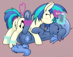 Size: 2692x2110 | Tagged: safe, alternate version, artist:djdavid98, derpibooru import, vinyl scratch, oc, oc:double colon, pony, unicorn, blushing, bondage, bondage cuffs, bondage gear, canon x oc, chest fluff, cuffs, dock, duo, ear fluff, eyes closed, featureless crotch, female, floppy ears, frog (hoof), gradient background, hooves in air, horn, horns are touching, image, kissing, lesbian, magic, on back, png, pubic fluff, rope, rope bondage, scrunchy face, shading, shipping, simple background, soft shading, underhoof