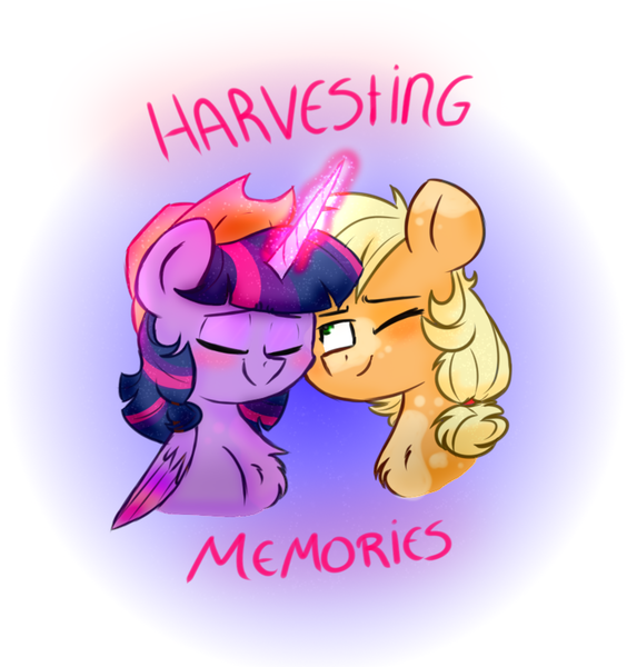 Size: 762x810 | Tagged: safe, artist:honneymoonmlp, derpibooru import, applejack, twilight sparkle, twilight sparkle (alicorn), alicorn, earth pony, pony, unicorn, spoiler:harvesting memories, applejack's hat, blushing, cowboy hat, female, hat, lesbian, nuzzling, shipping, twijack