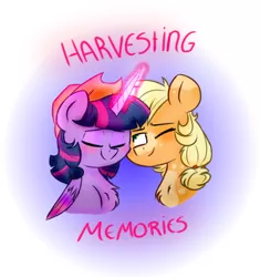 Size: 762x810 | Tagged: safe, artist:honneymoonmlp, derpibooru import, applejack, twilight sparkle, twilight sparkle (alicorn), alicorn, earth pony, pony, unicorn, spoiler:harvesting memories, applejack's hat, blushing, cowboy hat, female, hat, lesbian, nuzzling, shipping, twijack