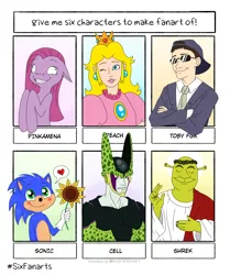 Size: 4000x4776 | Tagged: safe, artist:cihello, derpibooru import, pinkie pie, anthro, earth pony, human, ogre, pony, six fanarts, anthro with ponies, blushing, bust, cell (dbz), clothes, crossed arms, crossover, crown, derp, dragon ball z, eyes closed, female, flower, image, insanity, jesus christ, jewelry, male, mare, monk, necktie, one eye closed, pictogram, pinkamena diane pie, png, princess peach, regalia, shrek, smiling, smug, sonic the hedgehog, sonic the hedgehog (series), suit, sunflower, sunglasses, super mario bros., toby fox, wink, wreath