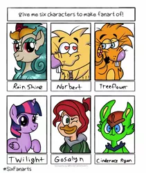 Size: 858x1017 | Tagged: safe, artist:doraeartdreams-aspy, derpibooru import, rain shine, twilight sparkle, twilight sparkle (alicorn), alicorn, anthro, beaver, bird, duck, kirin, pony, six fanarts, angry beavers, anthro with ponies, bedroom eyes, bust, cinderace, clothes, crossover, darkwing duck, eyelashes, female, gosalyn mallard, male, mare, norbert beaver, one eye closed, pokémon, raised hoof, smiling, wink