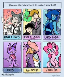 Size: 2914x3520 | Tagged: safe, artist:toon-o-clock, derpibooru import, pinkie pie, anthro, earth pony, ghost, human, pony, rabbit, undead, wolf, six fanarts, :p, animal, animal crossing, anthro with ponies, beastars, bob, bust, crossover, female, glimmer (she-ra), haru (beastars), lapis lazuli (steven universe), legosi (beastars), male, mare, mob psycho 100, necktie, open mouth, reigen arataka, she-ra and the princesses of power, smiling, smug, steven universe, thinking, tongue out