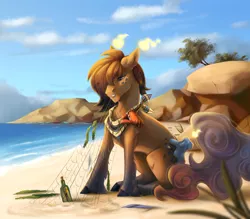 Size: 1600x1400 | Tagged: safe, artist:shady-bush, derpibooru import, oc, original species, pony, scented pony, beach, bottle, male, solo