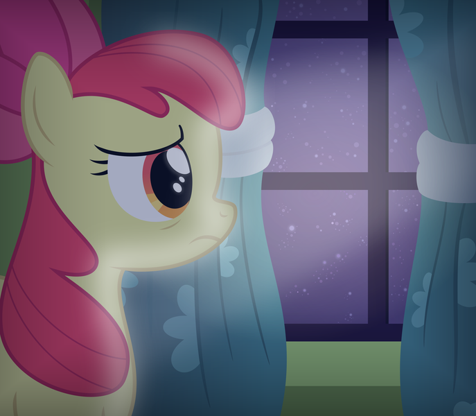 Size: 3150x2750 | Tagged: safe, artist:devfield, derpibooru import, apple bloom, pony, bow, curtains, female, filly, glow, moonlight, night, sad, show accurate, solo, stars, sweet apple acres, tired, vignette, window, wrinkles
