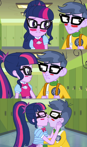 Size: 1532x2586 | Tagged: safe, artist:bigpurplemuppet99, derpibooru import, edit, edited screencap, screencap, microchips, sci-twi, twilight sparkle, equestria girls, equestria girls series, blushing, female, kissing, male, microlight, shipping, straight