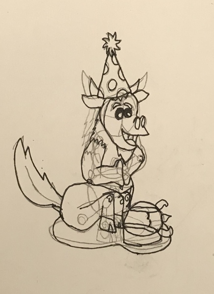 Size: 1120x1537 | Tagged: artist:whistle blossom, belly button, cake, cloven hooves, cute, derpibooru import, flower, flower in hair, food, hat, lineart, lord tirek, male, monochrome, open mouth, party hat, propeller hat, safe, simple background, sitting, sketch, smiling, solo, tirebetes, traditional art, white background, younger, young tirek