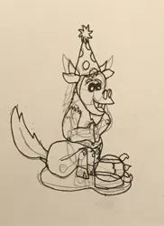 Size: 1120x1537 | Tagged: artist:whistle blossom, belly button, cake, cloven hooves, cute, derpibooru import, flower, flower in hair, food, hat, lineart, lord tirek, male, monochrome, open mouth, party hat, propeller hat, safe, simple background, sitting, sketch, smiling, solo, tirebetes, traditional art, white background, younger, young tirek