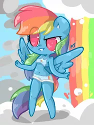 Size: 480x640 | Tagged: 2020, 2020s, anthro, artist:babyespurr, belly button, blue fur, blue wings, breasts, clothes, cloud, confident, derpibooru import, gym shorts, multicolored mane, multicolored tail, pegasus, pink eyes, rainbow, rainbow dash, rainbow falls, shorts, smiling, suggestive, tanktop, tomboy, underboob, unguligrade anthro, wings