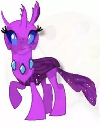 Size: 592x752 | Tagged: artist:whistle blossom, changedling, changedling oc, changeling, changeling oc, cute, derpibooru import, digital art, exobetes, female, freckles, looking at something, obtrusive watermark, oc, oc:exo the changeling, one hoof raised, safe, simple background, smiling, solo, teenager, watermark, white background