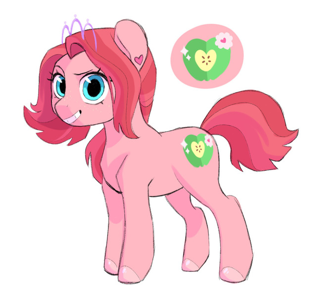 Size: 1280x1166 | Tagged: safe, artist:bokkitoki, derpibooru import, oc, oc:primrose cider, unofficial characters only, earth pony, pony, cutie mark, ear piercing, earring, female, grin, jewelry, magical lesbian spawn, offspring, parent:apple bloom, parent:diamond tiara, parents:diamondbloom, piercing, simple background, smiling, solo, tiara, white background