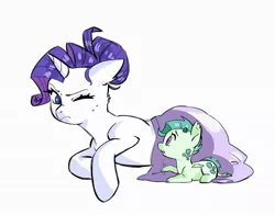 Size: 1024x801 | Tagged: safe, artist:bokkitoki, derpibooru import, rarity, oc, oc:diamond iris, dracony, dragon, hybrid, pony, unicorn, alternate hairstyle, blanket, duo, implied shipping, implied sparity, implied straight, interspecies offspring, offspring, one eye closed, parent:rarity, parent:spike, parents:sparity, sweat, sweatdrop, wings, wink