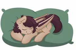 Size: 1800x1200 | Tagged: safe, artist:cadetredshirt, derpibooru import, oc, oc:slumber tea, bat pony, pony, bat pony oc, bat wings, commission, ear fluff, eyes closed, fangs, pillow, sleeping, smiling, solo, wings, ych example, ych result, your character here