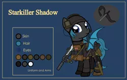 Size: 4999x3134 | Tagged: safe, artist:n0kkun, derpibooru import, oc, oc:starkiller shadow, unofficial characters only, bat pony, pony, armor, assault rifle, bat pony oc, bat wings, baton, beanie, belt, blue background, boots, clothes, commission, female, flag, gloves, gun, handgun, hat, headset, holster, knife, mare, p226, pants, pistol, pouch, reference sheet, rifle, shoes, simple background, solo, spy suit, weapon, wings
