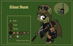 Size: 3999x2507 | Tagged: safe, artist:n0kkun, derpibooru import, oc, oc:silent burst, unofficial characters only, pony, unicorn, belt, boots, clothes, commission, female, gloves, green background, gun, handgun, hat, holster, jacket, m1911, mare, pants, pistol, pouch, radio, raised hoof, raised leg, reference sheet, shirt, shoes, shotgun, simple background, solo, sunglasses, torn clothes, weapon