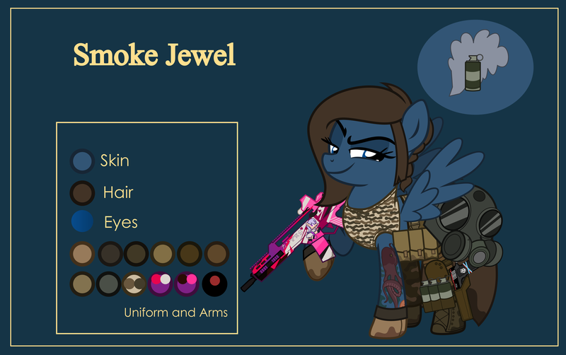 Size: 4999x3134 | Tagged: safe, artist:n0kkun, derpibooru import, oc, oc:smoke jewel, unofficial characters only, pegasus, pony, assault rifle, belt, blue background, boots, camouflage, clothes, commission, dirt, female, g36, gas mask, gloves, grenade, gun, handgun, holster, m1911, mare, mask, midriff, mud, pants, pistol, pouch, raised hoof, reference sheet, rifle, shoes, simple background, smiling, smirk, smug, solo, tanktop, tattoo, weapon