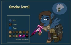 Size: 4999x3134 | Tagged: safe, artist:n0kkun, derpibooru import, oc, oc:smoke jewel, unofficial characters only, pegasus, pony, assault rifle, belt, blue background, boots, camouflage, clothes, commission, dirt, female, g36, gas mask, gloves, grenade, gun, handgun, holster, m1911, mare, mask, midriff, mud, pants, pistol, pouch, raised hoof, reference sheet, rifle, shoes, simple background, smiling, smirk, smug, solo, tanktop, tattoo, weapon