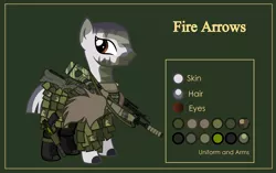 Size: 4999x3134 | Tagged: armor, arrow, artist:n0kkun, boots, camouflage, clothes, commission, crossbow, derpibooru import, face paint, female, ghillie suit, green background, gun, handgun, holster, m14, oc, oc:fire arrows, pants, pistol, reference sheet, rifle, safe, shoes, simple background, solo, unofficial characters only, weapon, zebra, zebra oc