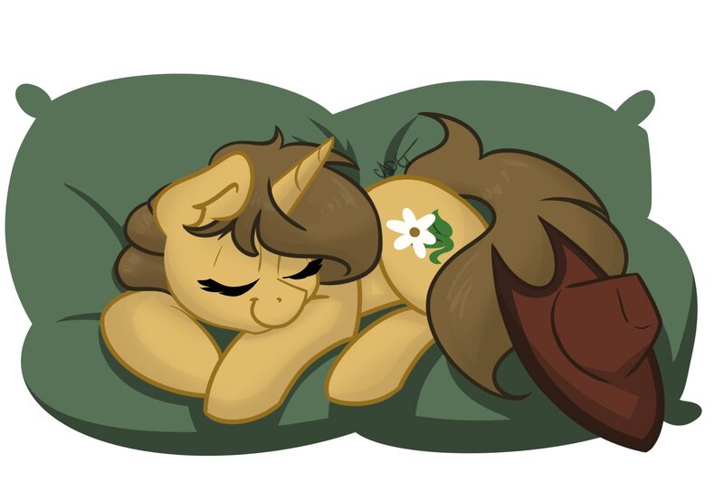 Size: 1800x1200 | Tagged: safe, artist:cadetredshirt, derpibooru import, oc, oc:buckwheat, unofficial characters only, pony, unicorn, commission, cowboy hat, digital art, ear fluff, eyes closed, hat, horn, long tail, pillow, sleeping, smiling, solo, ych result, your character here