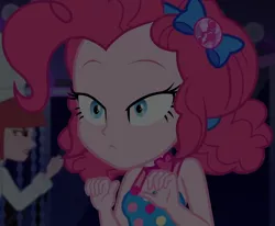 Size: 1311x1080 | Tagged: safe, derpibooru import, screencap, pinkie pie, equestria girls, equestria girls series, spring breakdown, bow, choker, clothes, cropped, cruise, cruise outfit, cruise ship, curly hair, cute, dark, dark background, diapinkes, female, geode of sugar bombs, hair bow, heart, jewelry, lidded eyes, magical geodes, raised eyebrows, sleeveless, solo focus, spring break, yacht