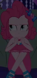 Size: 512x1060 | Tagged: safe, derpibooru import, screencap, pinkie pie, equestria girls, equestria girls series, spring breakdown, ankles, annoyed, bow, choker, clothes, cropped, cruise, cruise outfit, cruise ship, curly hair, cute, dark, dark background, diapinkes, female, geode of sugar bombs, hair bow, hiding, jewelry, looking up, magical geodes, sandals, skirt, sleeveless, solo, spring break, table, yacht