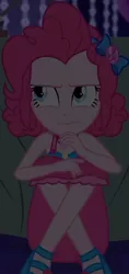 Size: 510x1077 | Tagged: safe, derpibooru import, screencap, pinkie pie, equestria girls, equestria girls series, spring breakdown, annoyed, bow, choker, clothes, cropped, cruise, cruise outfit, cruise ship, curly hair, cute, dark, dark background, diapinkes, female, geode of sugar bombs, hair bow, jewelry, looking up, magical geodes, sandals, sitting, skirt, sleeveless, solo, spring break, table, yacht