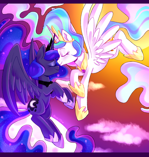 Size: 2000x2109 | Tagged: safe, artist:regkitty, derpibooru import, princess celestia, princess luna, alicorn, pony, cloud, crown, cute, cutelestia, duo, eyes closed, female, flying, high res, jewelry, lunabetes, mare, moon, profile, regalia, royal sisters, siblings, sisters, sky, spread wings, sun, wings