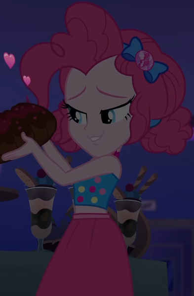 Size: 691x1054 | Tagged: safe, derpibooru import, screencap, pinkie pie, equestria girls, equestria girls series, spring breakdown, bow, cake, choker, clothes, cropped, cruise, cruise outfit, cruise ship, curly hair, cute, dark, dark background, dessert, diapinkes, female, food, geode of sugar bombs, hair bow, heart, holding, jewelry, lidded eyes, magical geodes, midriff, skirt, sleeveless, smiling, spring break, table, yacht