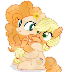 Size: 1280x1425 | Tagged: applejack, artist:azulsnow, artist:bounswetie, base used, cute, derpibooru import, female, filly, filly applejack, holding, jackabetes, mother and child, mother and daughter, pearabetes, pear butter, safe, simple background, smiling, transparent background, younger